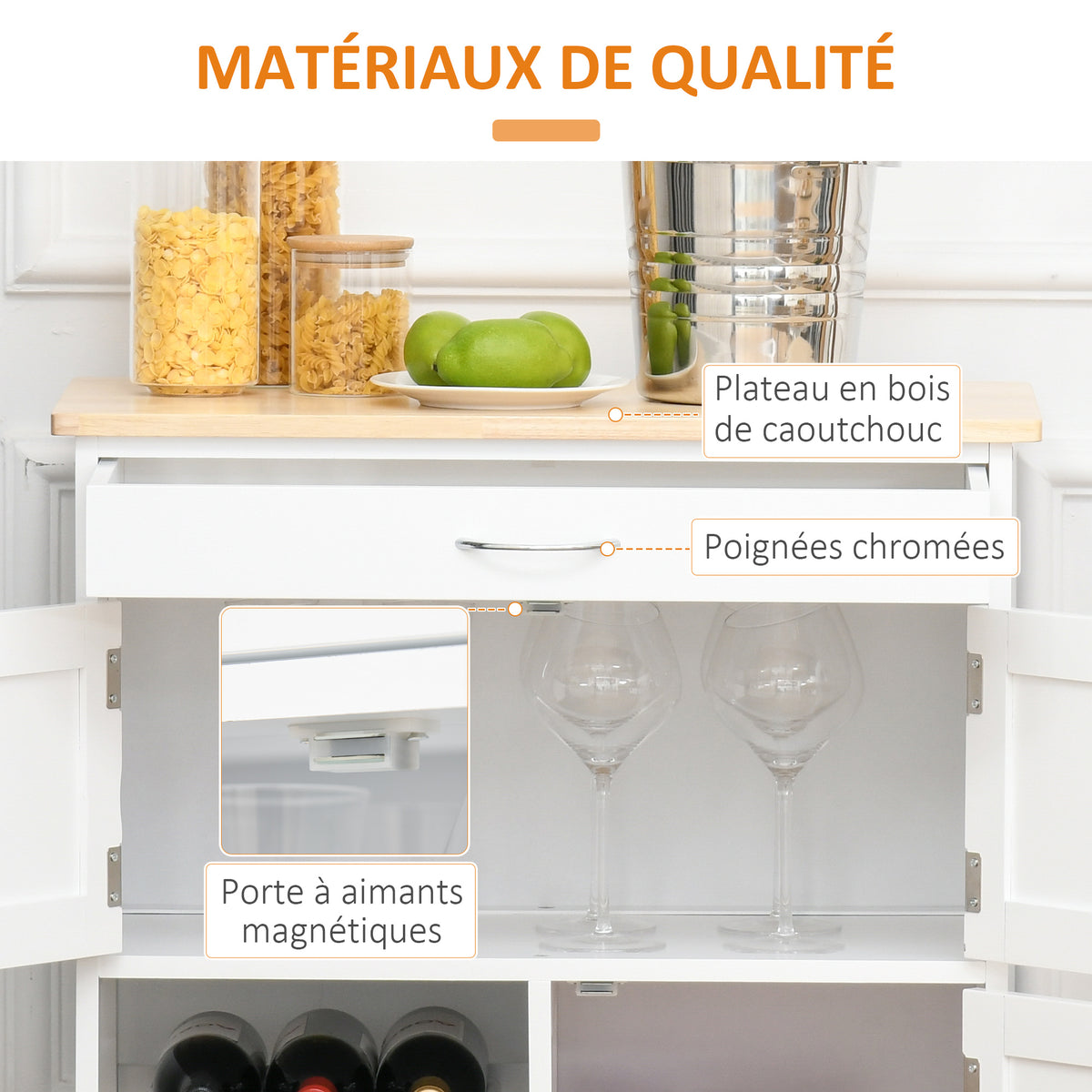 Desserte de cuisine multi rangements 2 placards tiroir casier 9 bouteilles MDF blanc plateau bois caoutchouc-5