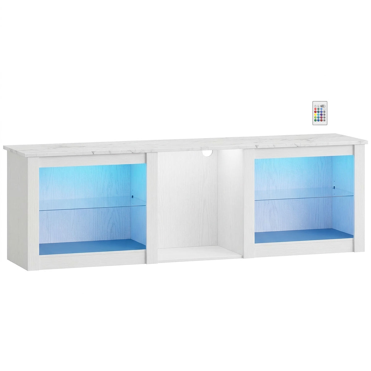 Meuble TV avec éclairage LED pour télévision jusqu'à 70 pouces, 160cm avec étagères en verre réglables, blanc-0