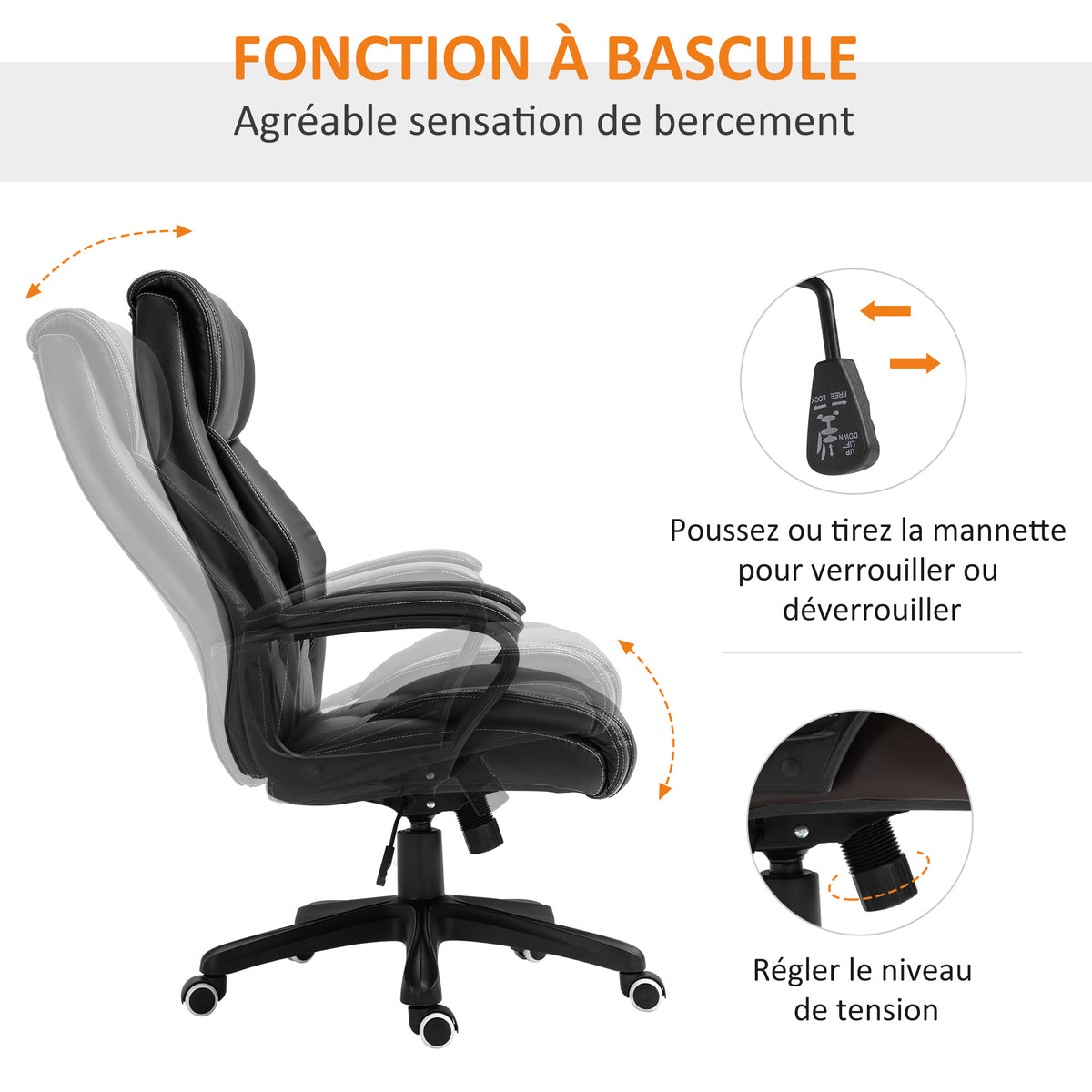 Fauteuil de bureau massant  fauteuil bureau ergonomique grand confort hauteur réglable fonction dossier à bascule revêtement synthétique noir-6