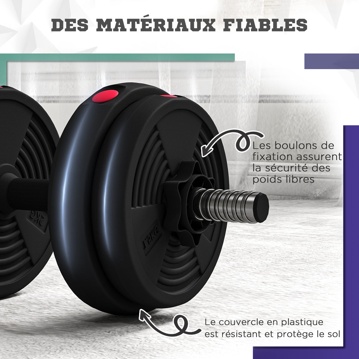 Haltères 2 en 1 réglables, haltères libres avec poignées antidérapantes, 15KG - Barres incluses-6