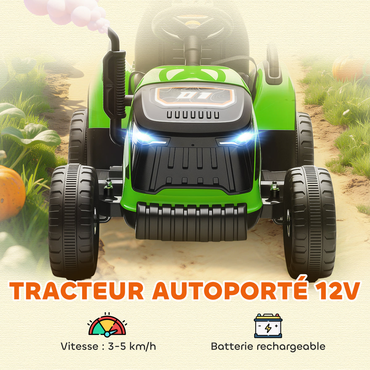 Tracteur électrique enfants avec remorque amovible, voiture électrique enfants, télécommande 2,4G, 139x58x55cm, vert-3