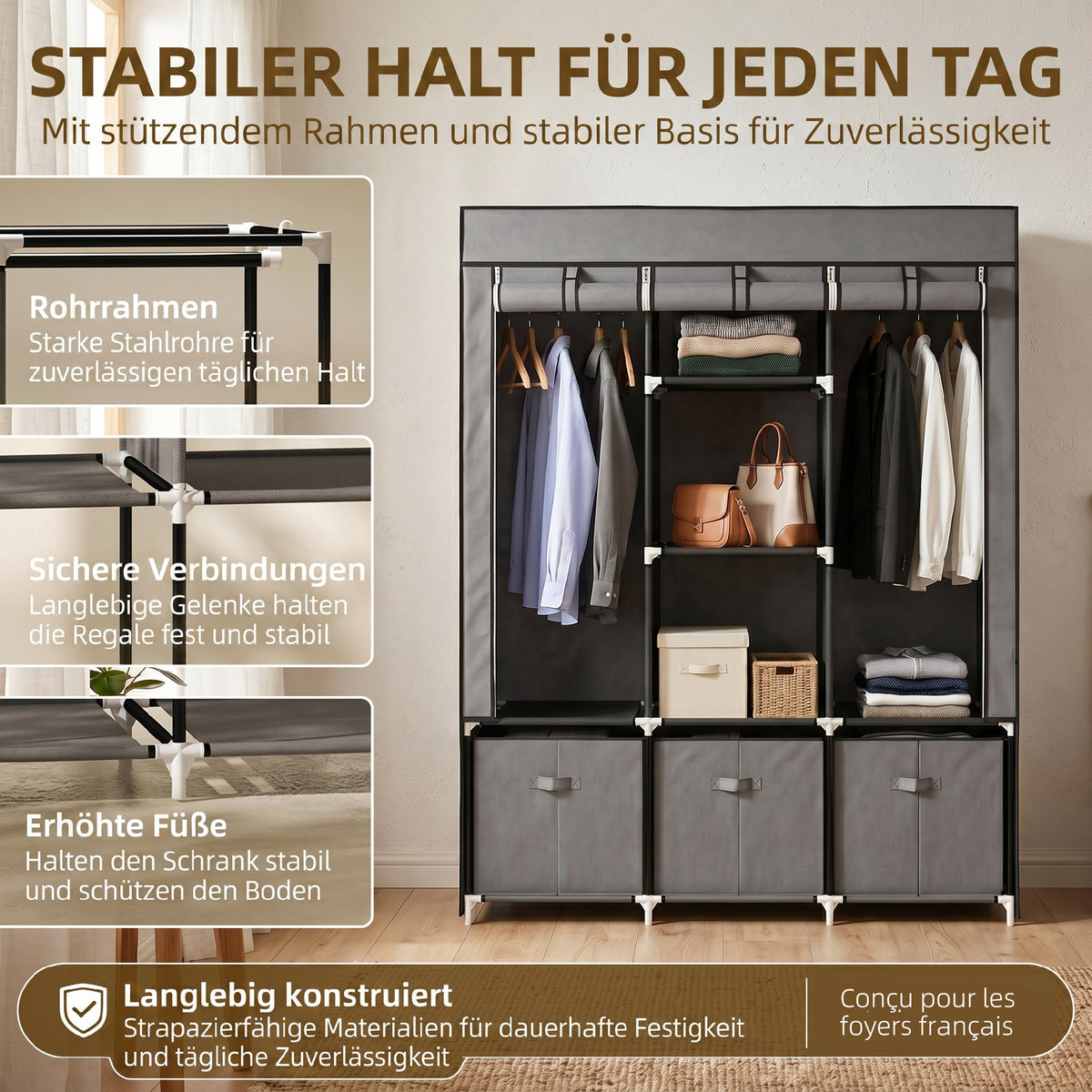 Armoire de rangement en tissu pliable avec 5 étagères, 2 tringles et 3 tiroirs en tissu 125L x 43l x 162.5H cm-4