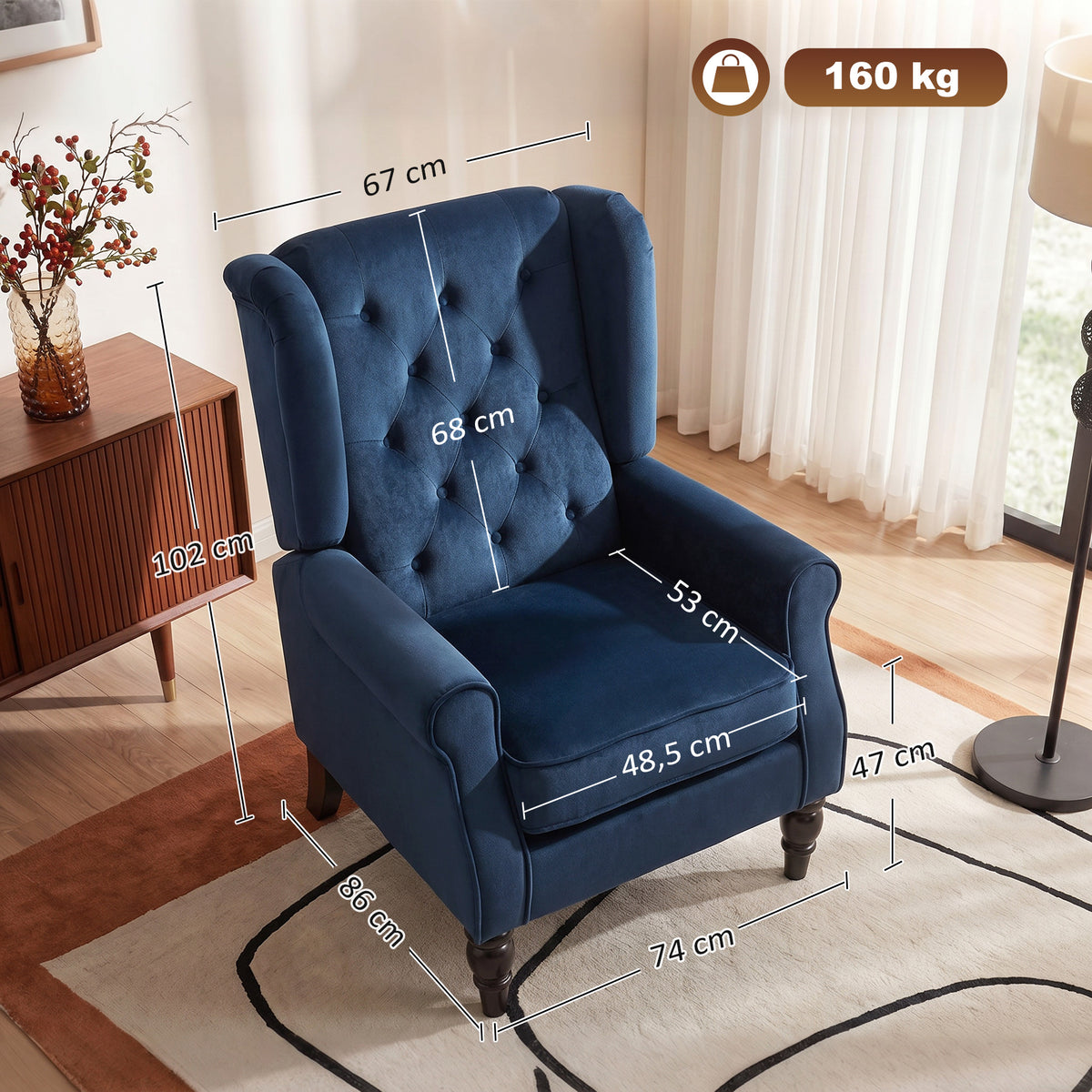 Fauteuil de salon capitonné avec assise large, pieds en bois, style classique, grand confort, 74x86x102cm, bleu foncé-2