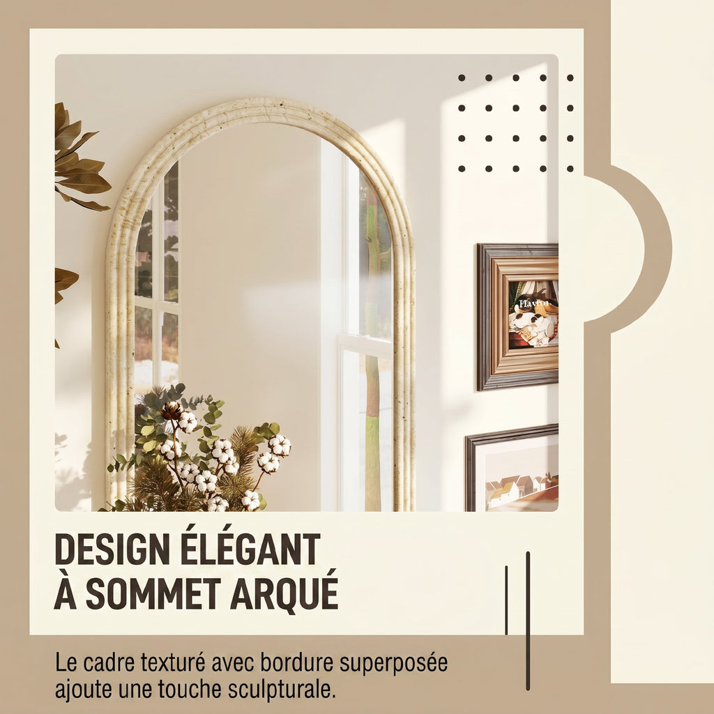 Miroir Mural Arqué, Miroir Moderne avec Bord Rainuré et Crochets, Verre Trempé et Polystyrène, 60 x 90 cm, Beige-3