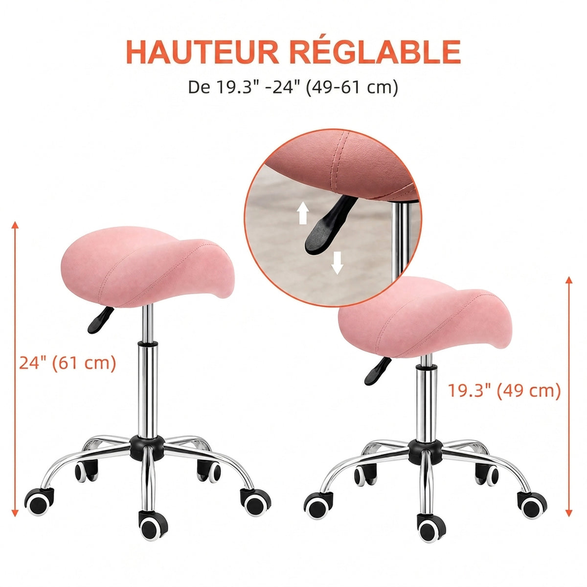 Tabouret à roulettes, chaise de travail avec hauteur réglable 49-61 cm et selle ergonomique, 52x53x49-61cm, rose-3