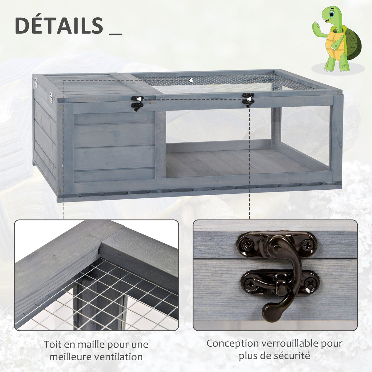 Maison enclos cage habitat pour petit animal tortues avec 2 espaces 91 x 60,5 x 32 cm bois massif gris-5