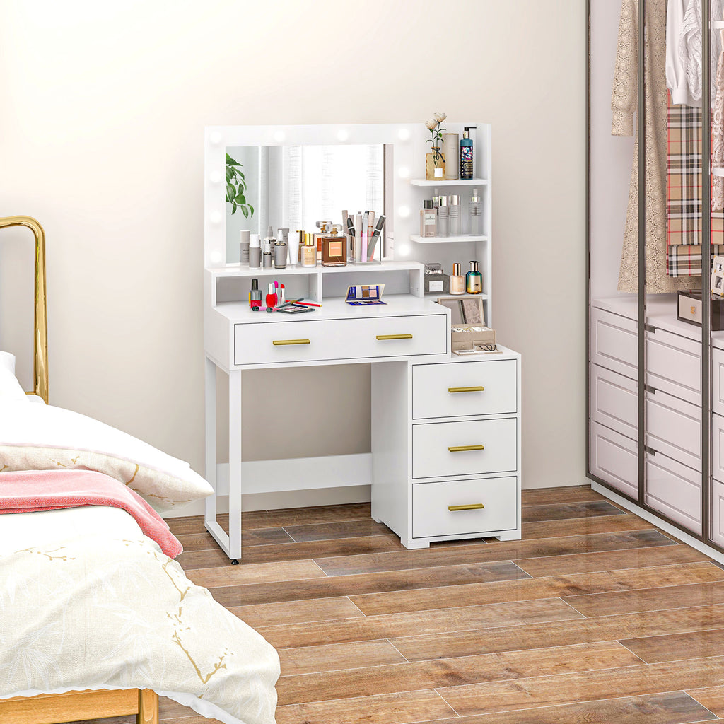 Coiffeuse avec miroir et 9 lumières LED, 4 tiroirs et 6 compartiments ouverts, 100 x 40 x 138 cm, blanc-6