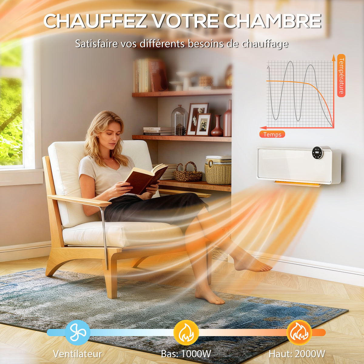 Chauffage mural en céramique 1000/2000W, radiateur électrique, ventilateur, thermostat, minuterie, 54x18,7x12,3cm, blanc-4