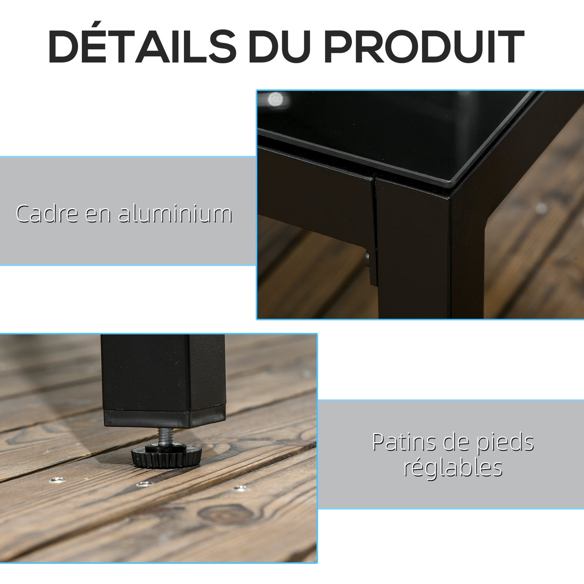 Table de jardin rectangulaire pour 8 personnes avec plateau en verre trempé et cadre en aluminium noir-4