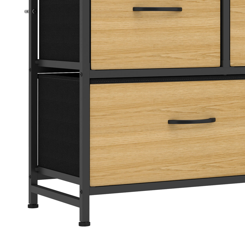 Commode, meuble de rangement avec 5 tiroirs en tissu pliables, plateau et cadre en acier, 98 x 29 x 63 cm, chêne-9