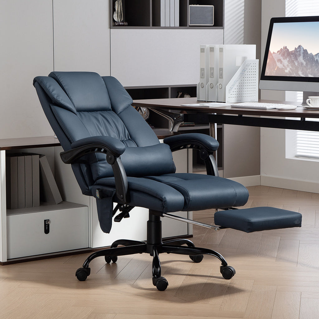 Fauteuil de bureau massant, repose-pied, hauteur réglable, dossier inclinable, télécommande filaire, 66x75x122cm, bleu-1