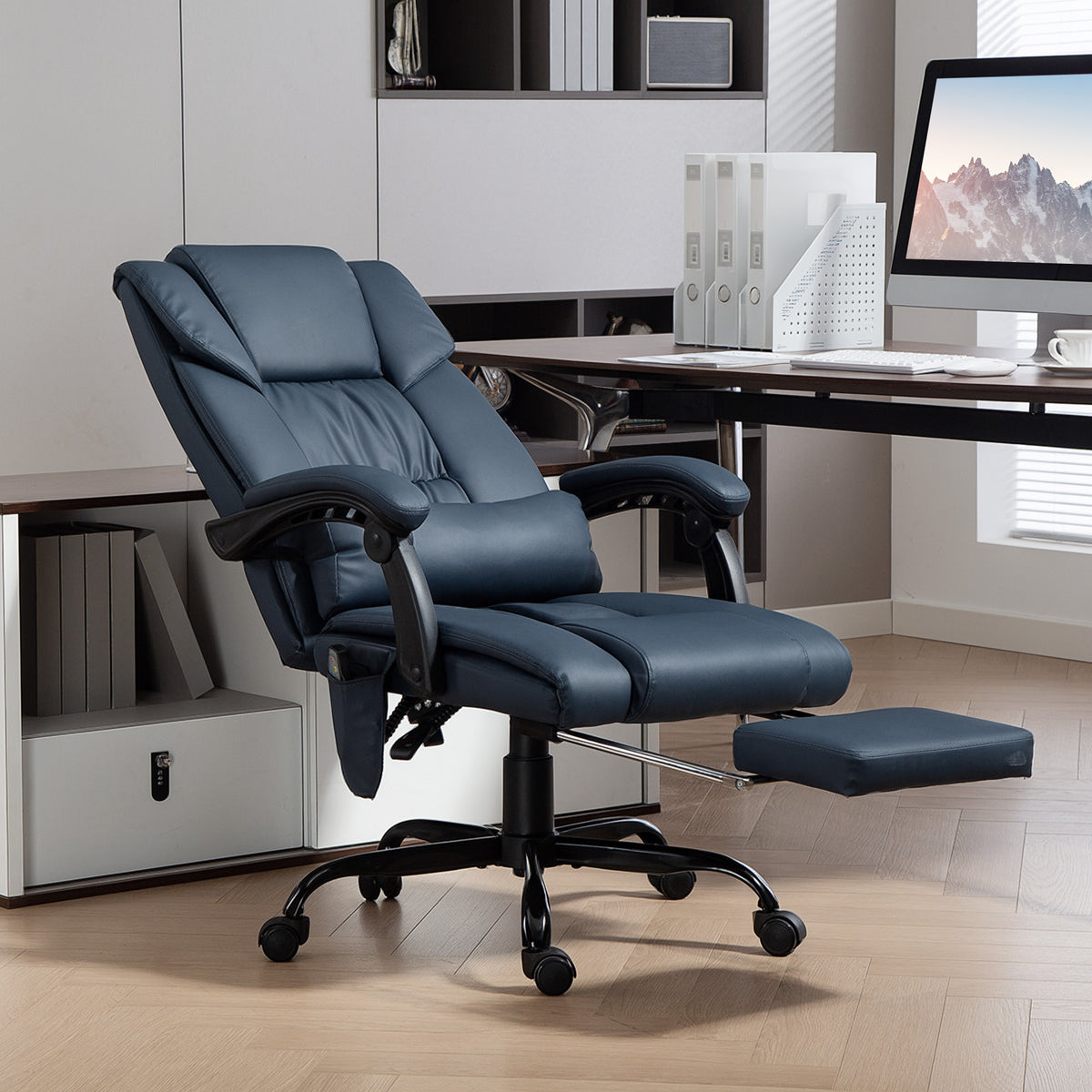 Fauteuil de bureau massant, repose-pied, hauteur réglable, dossier inclinable, télécommande filaire, 66x75x122cm, bleu-1