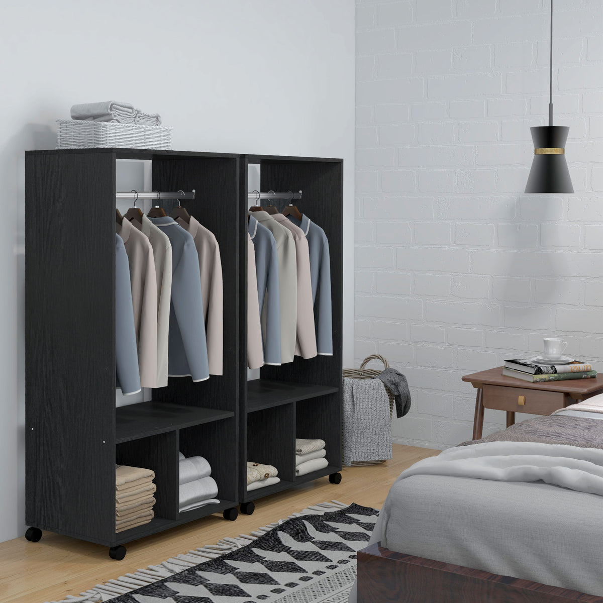 Lot de 2 portants à vêtements penderie mobile avec roulettes 2 niches + Grand Espace penderie en bois noir-1