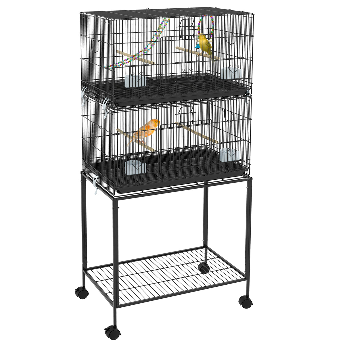 Cage à oiseaux sur pied volière double avec mangeoires perchoirs plateau amovible étagère poignée et roulettes noir-0