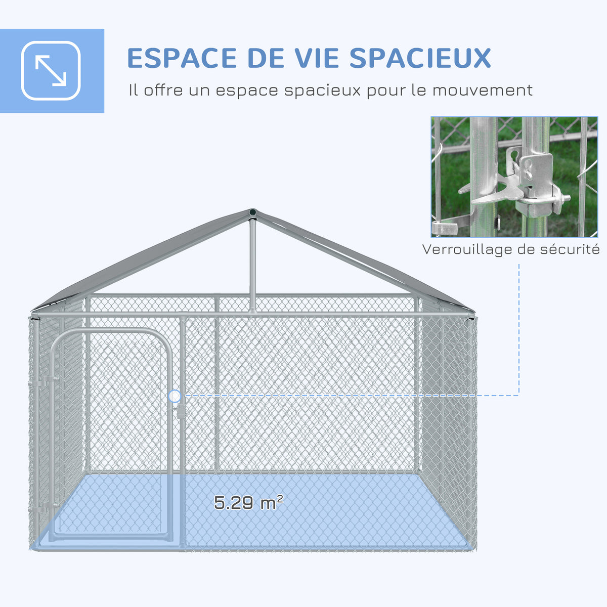 Chenil extérieur avec toit pour chien 5 m² parc grillagé espace couvert acier galvanisé 230 x 230 x 175 cm-3