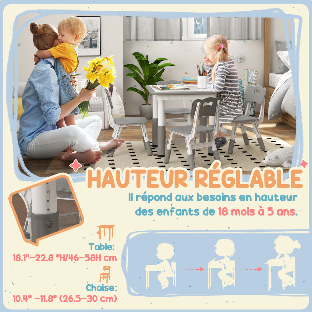 Ensemble 1 table et 4 chaises pour enfants à hauteur réglable, set de 5 pièces, gris-3