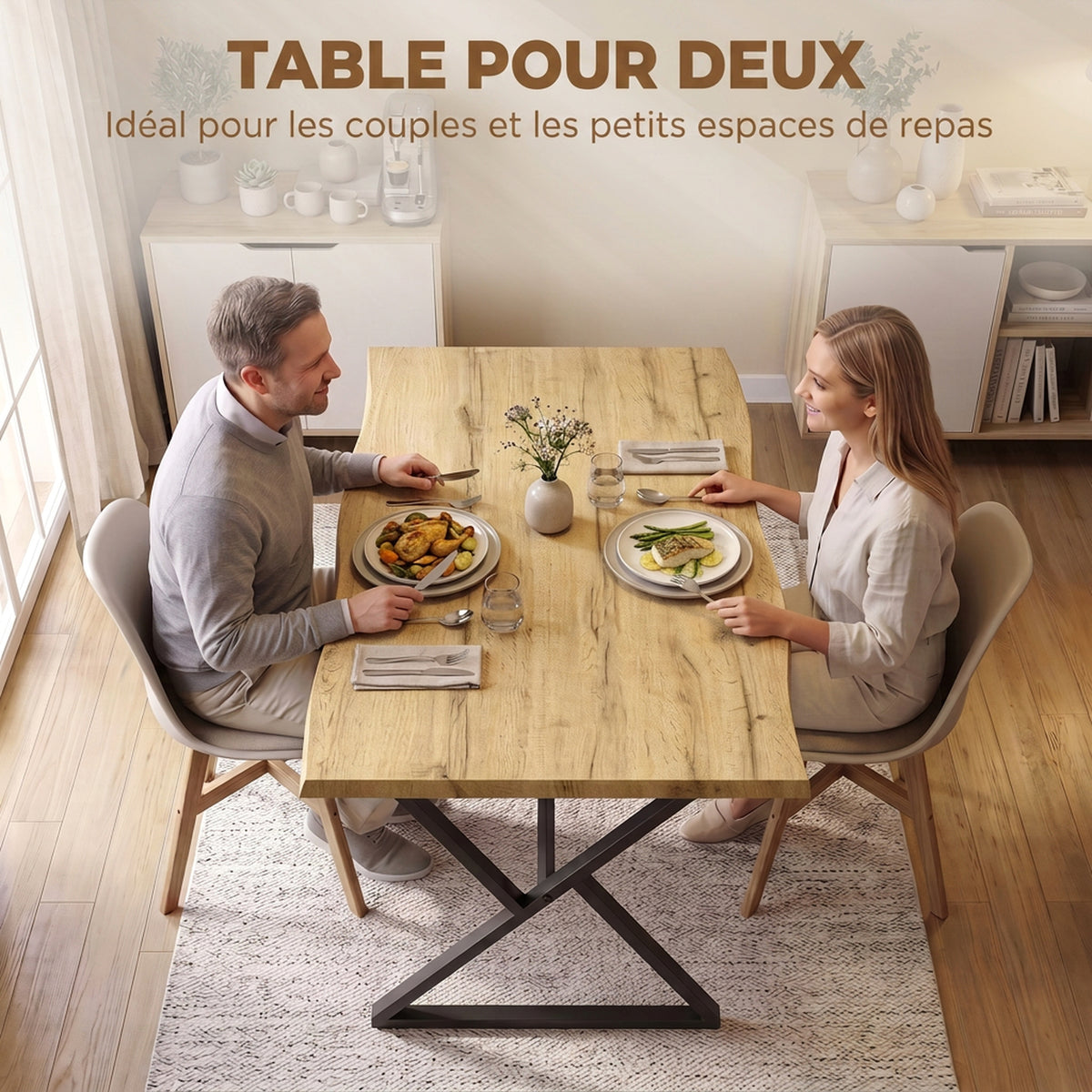 Table à Manger pour 2 Personnes, Table de Cuisine, Style Moderne avec Plateau Épais, 110 x 67 x 75,5 cm, Noir et Chêne-3