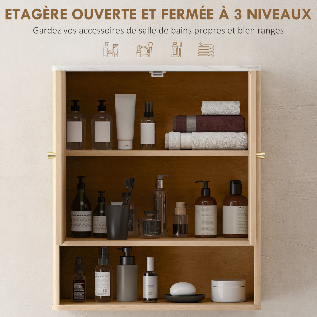 Armoire murale de salle de bain, meuble de rangement avec compartiment ouvert et étagère réglable, 60 x 18 x 70 cm chêne-3