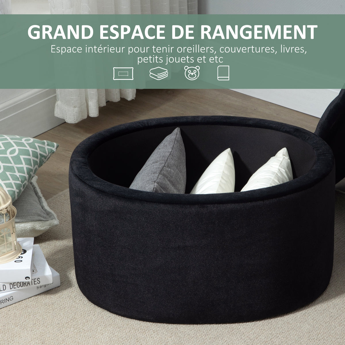 Banc de rangement rembourré avec espace de rangement pour couloir chambre salon 71 x 52 x 42 cm noir-3