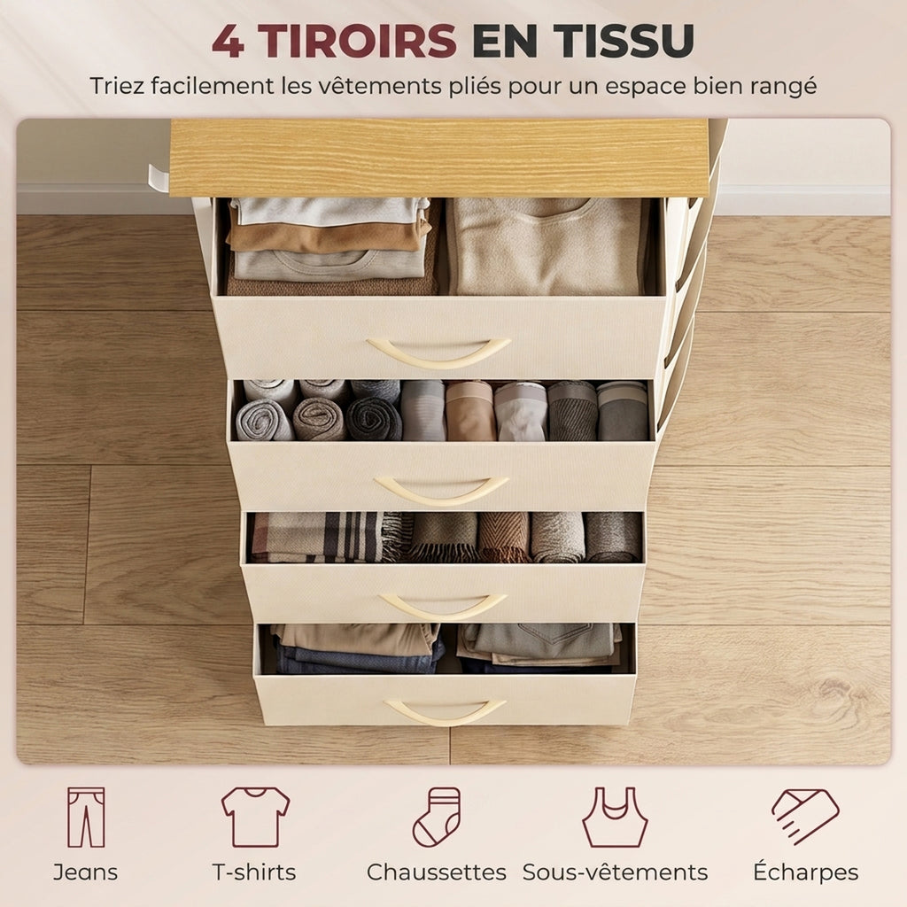Commode 4 tiroirs en tissu, meuble de rangement avec 4 poches, 2 crochets, structure en acier, 45 x 30 x 94,5 cm, Beige-3