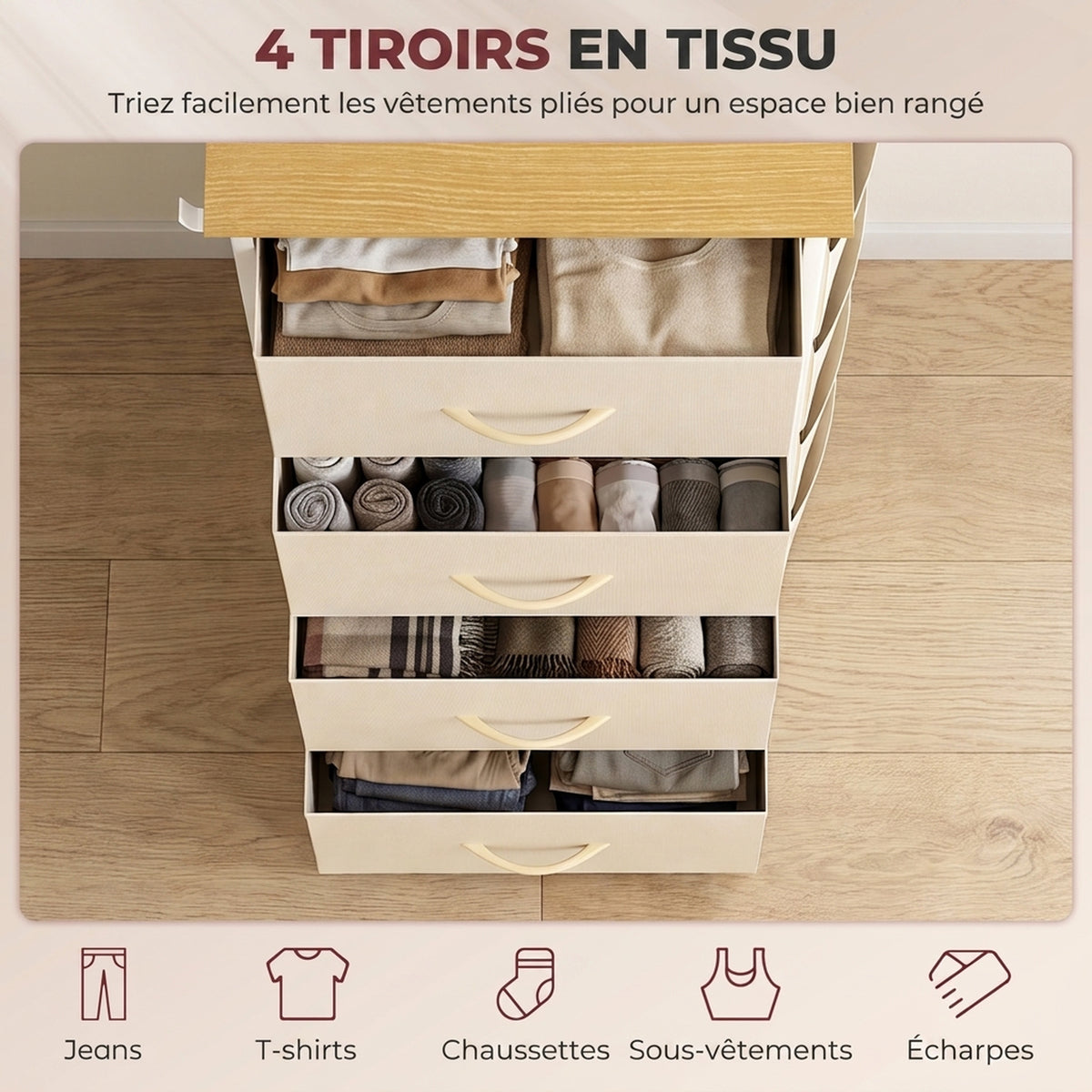 Commode 4 tiroirs en tissu, meuble de rangement avec 4 poches, 2 crochets, structure en acier, 45 x 30 x 94,5 cm, Beige-3