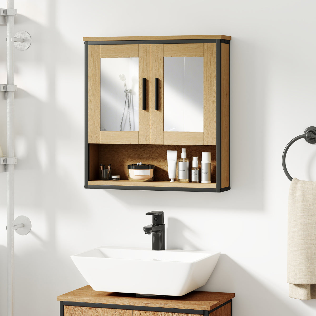 Armoire murale salle de bain avec miroir, meuble salle de bain avec compartiment ouvert et étagère réglable, chêne-1