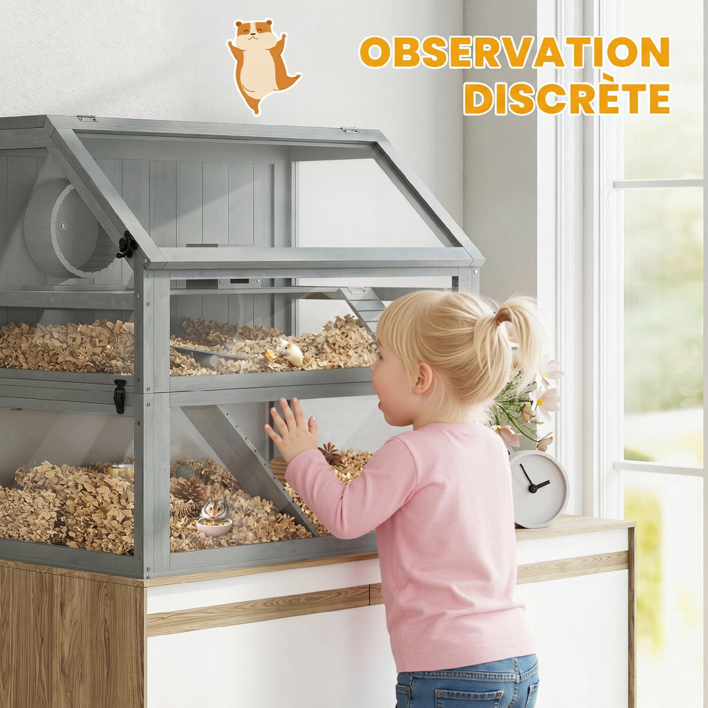 Cage Hamster Rongeur à 3 Niveaux, Base Amovible Profonde, Cabane, Balançoire, 80x50x76cm Gris Clair-6