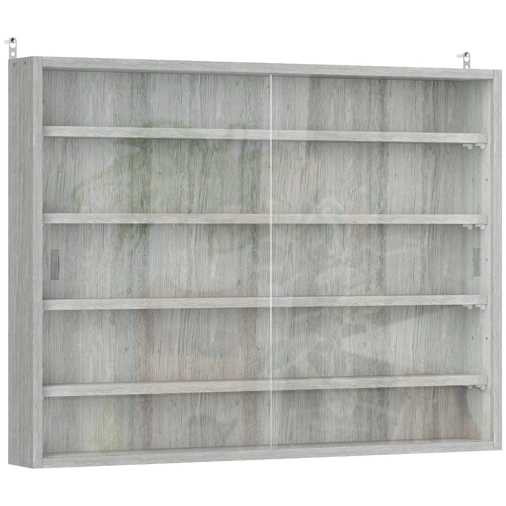 Vitrine murale pour objets de collection 4 étagère réglables en hauteur et 2 portes coulissantes 80 x 9,5 x 60 cm gris-0