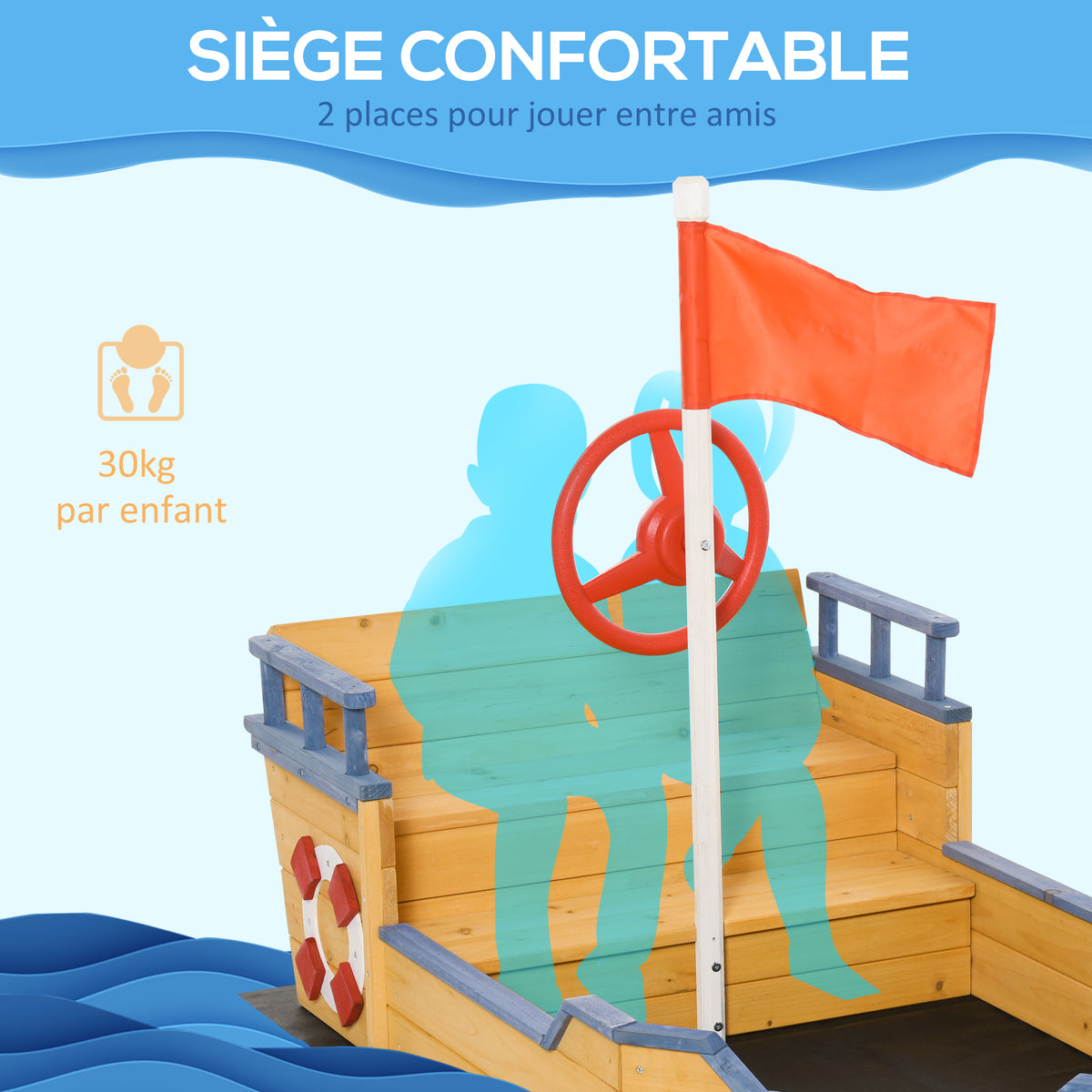 Bac à sable forme de bateau pirate boîte à sable pour enfant gouvernail drapeau rouge 2 marches et espace de rangement-4