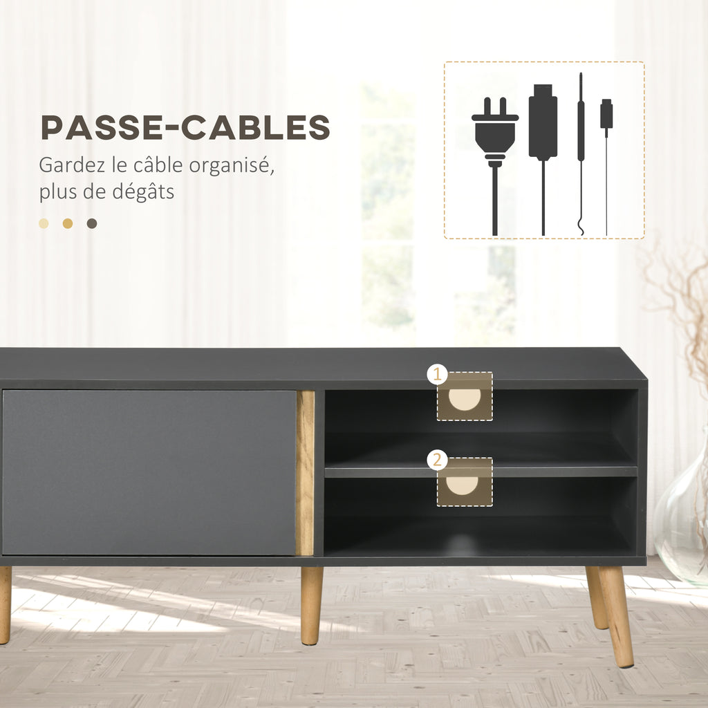 Meuble TV pour télévision jusqu'à 55 pouces scandinave 2 portes 2 niches avec passe-câbles 150 x 35 x 45 cm gris foncé-4