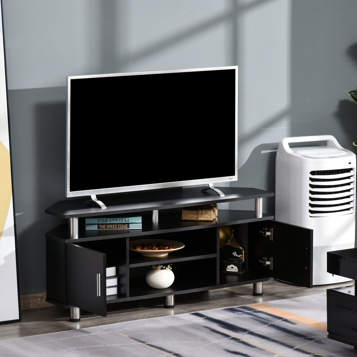 Meuble TV meuble télé bois banc TV pour téléviseur jusqu'à 55 pouces avec grand plateau, placards à portes et-9