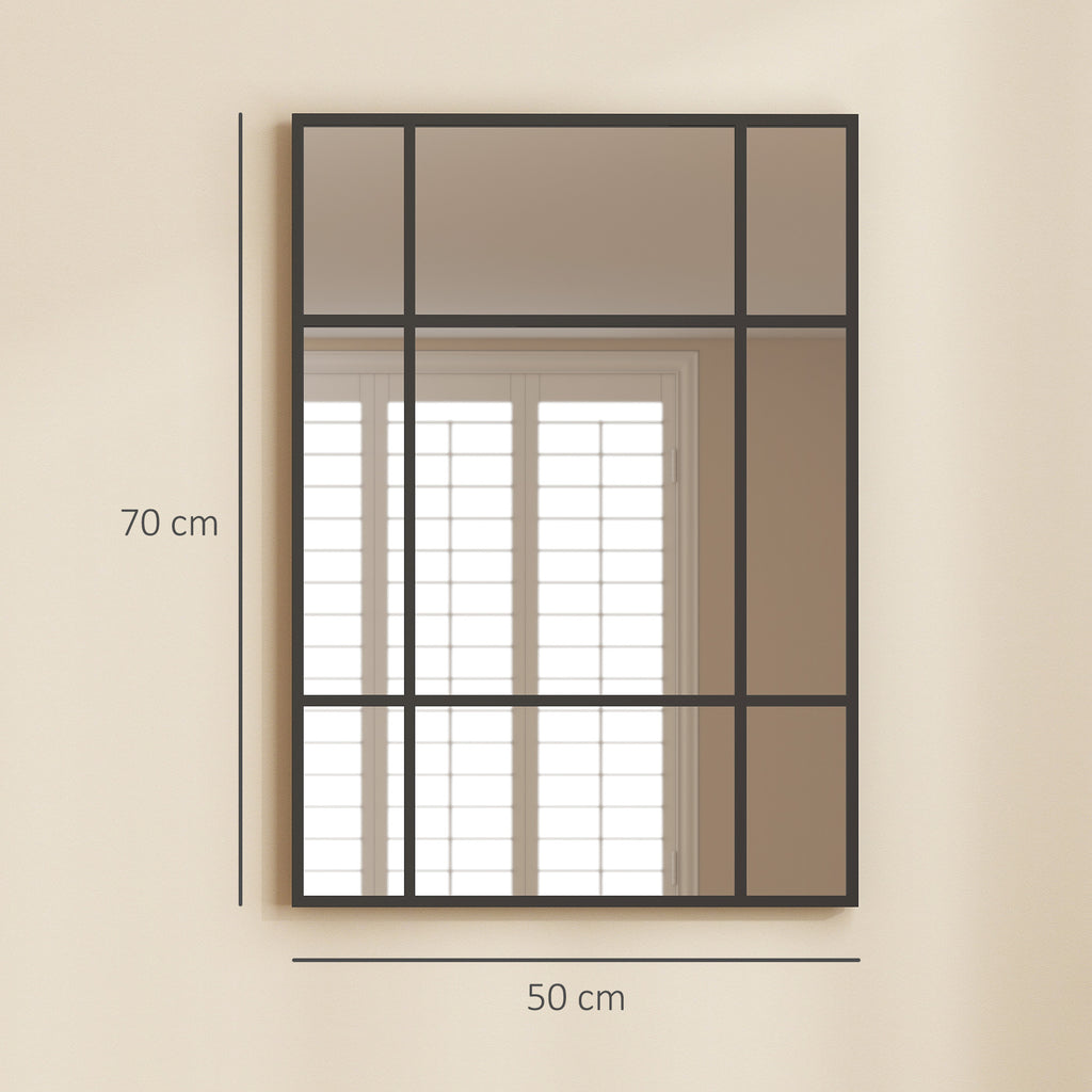 Miroir mural verrière rectangulaire style fenêtre, horizontal ou vertical avec 4 crochets, en métal noir - 50x70 cm-2
