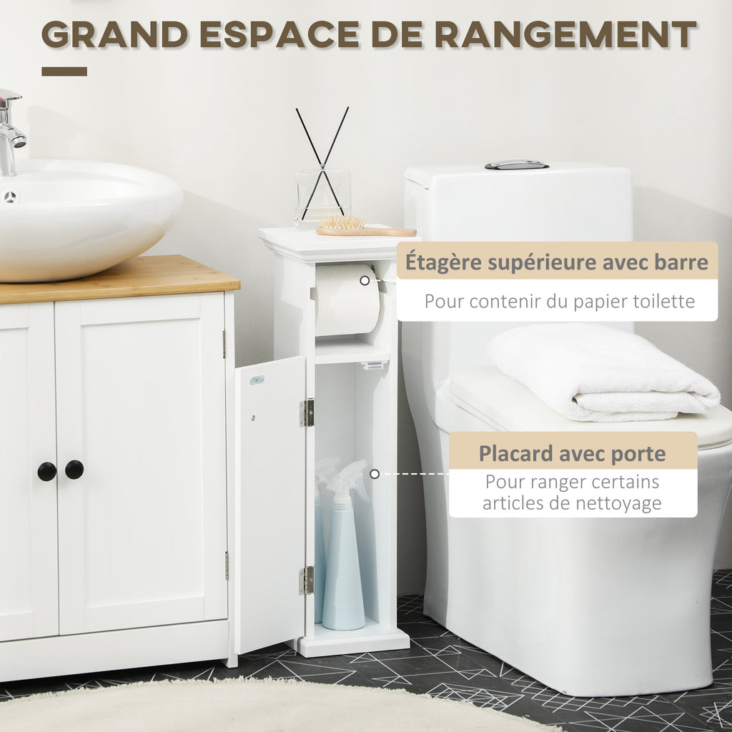 Meuble de salle de bain support papier toilette avec placard et sortie papier en bois blanc-4