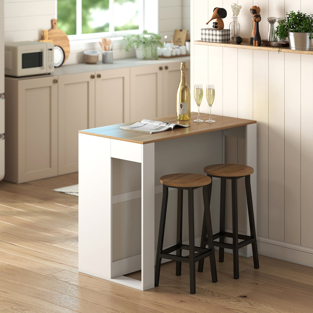Table de bar, table haute cuisine à 3 niveaux 2 compartiments ouverts, plateau effet bois naturel 113 x 60 x 90 cm blanc-8