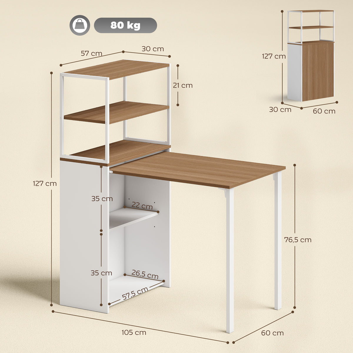 Bureau d'ordinateur pliable avec étagères de rangement à 4 niveaux, bureau avec 2 niches, 105 x 60 x 127 cm, chêne blanc-2