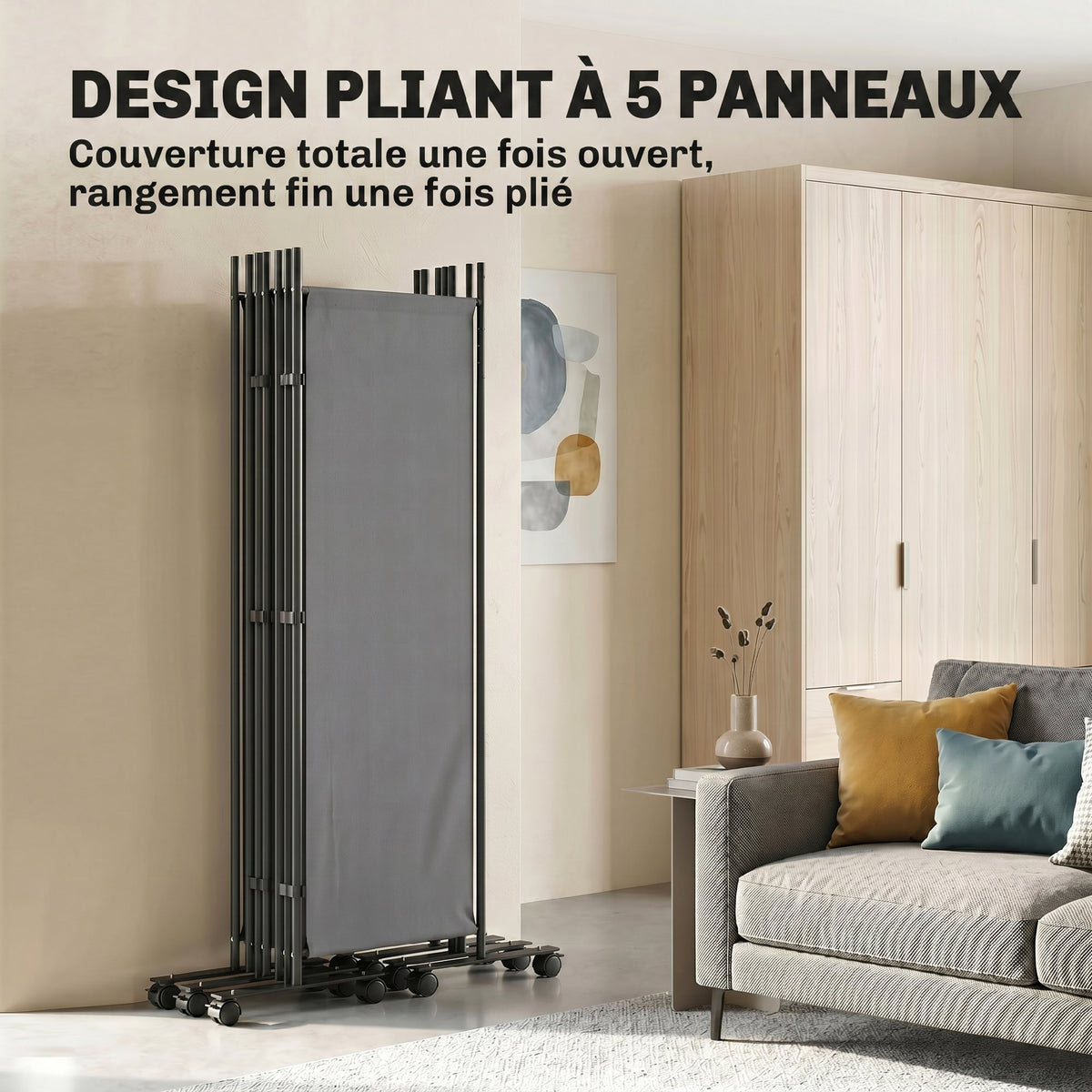 Paravent 5 Panneaux 252x170cm, Paravent Pliant avec 12 Roulettes et Clips de Connexion, Acier et Polyester, Gris Foncé-4