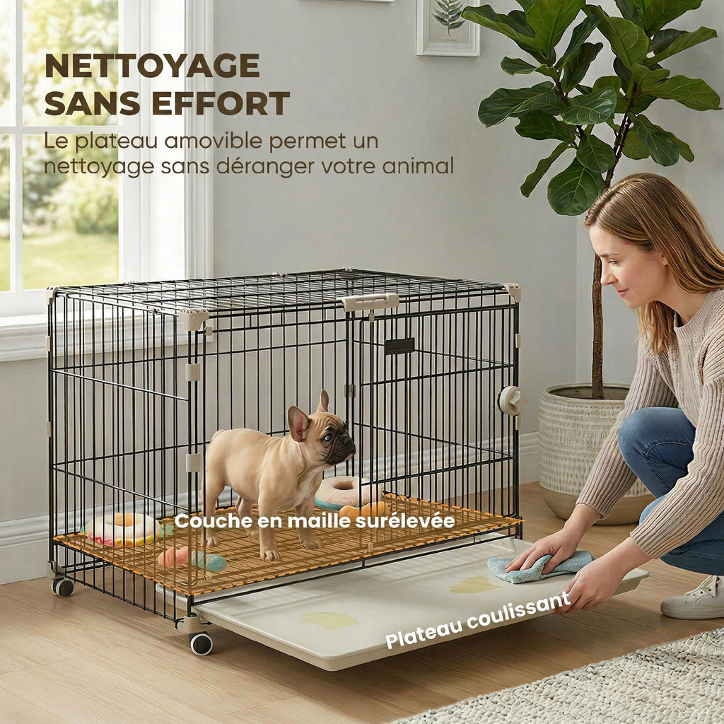 Cage pour Chien, Plateau Amovible, Roues avec Freins, Toit Ouvrant Verrouillable, 75,5x46x64,5cm, Noir-6