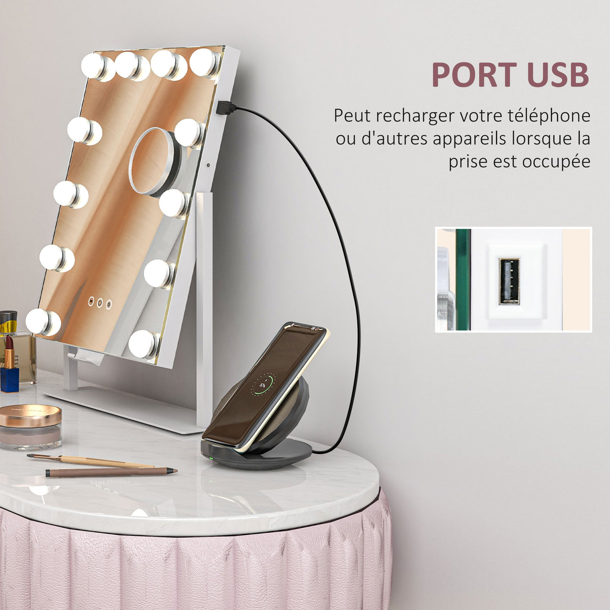 Miroir Hollywood avec LED 12 ampoules, luminosité réglable, rotation à 360°, grossissement 10X, touche tactile, blanc-4