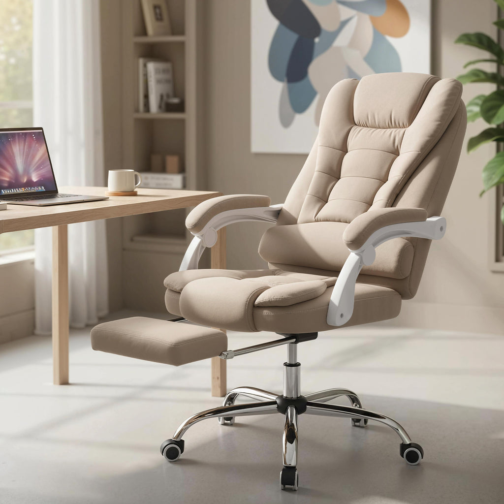 Fauteuil de bureau direction massant chauffant hauteur réglable dossier inclinable toile de lin beige-9