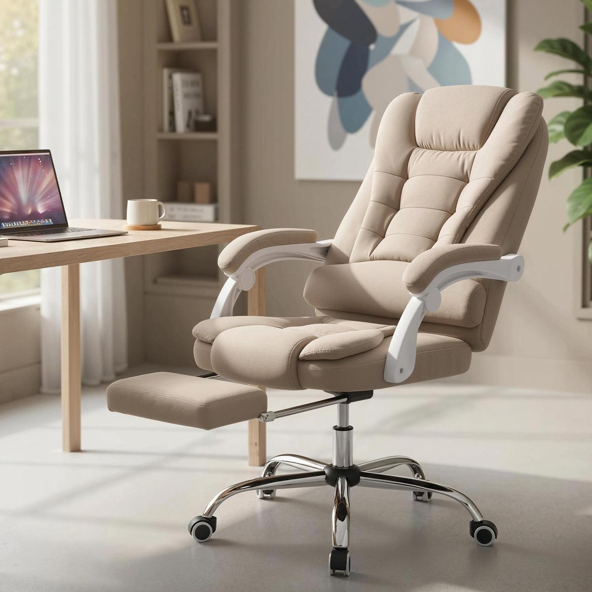 Fauteuil de bureau direction massant chauffant hauteur réglable dossier inclinable toile de lin beige-9