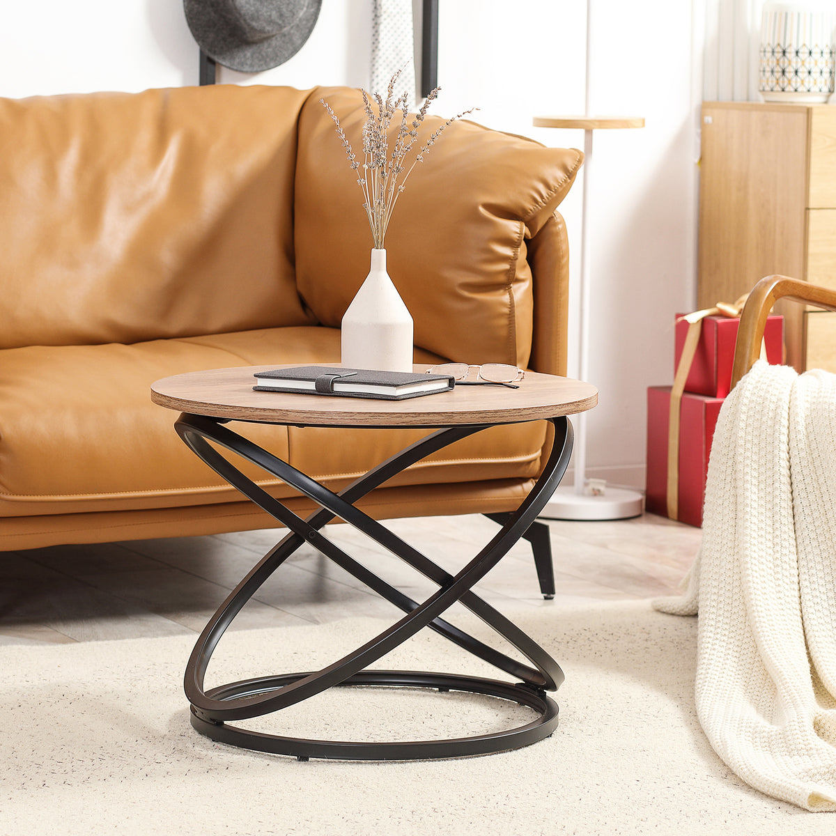 Table basse ronde style industriel en métal noir et plateau en bois - dim. Ø 60 x 46H cm-1