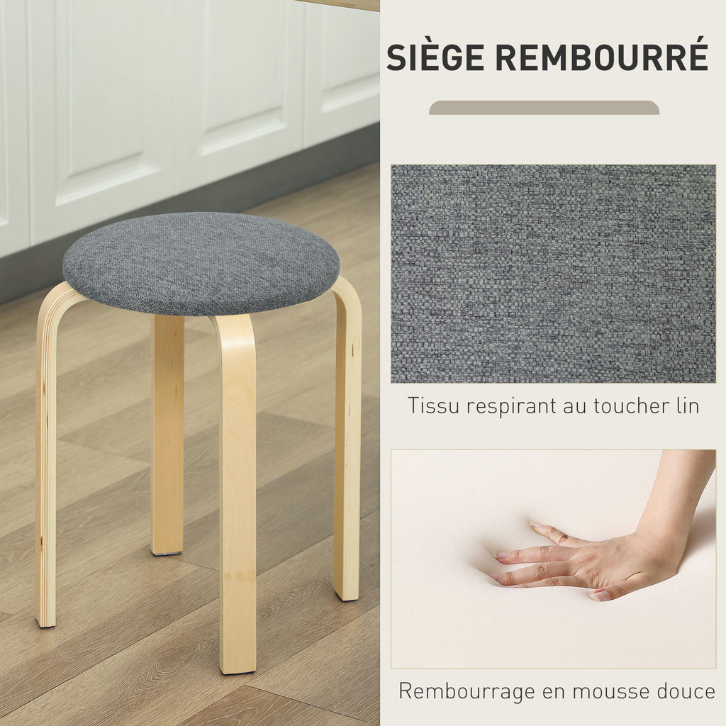 Ensemble de 4 tabourets empilables ronds sans dossier avec assise rembourrée, 40 x 40 x 45 cm, gris-4