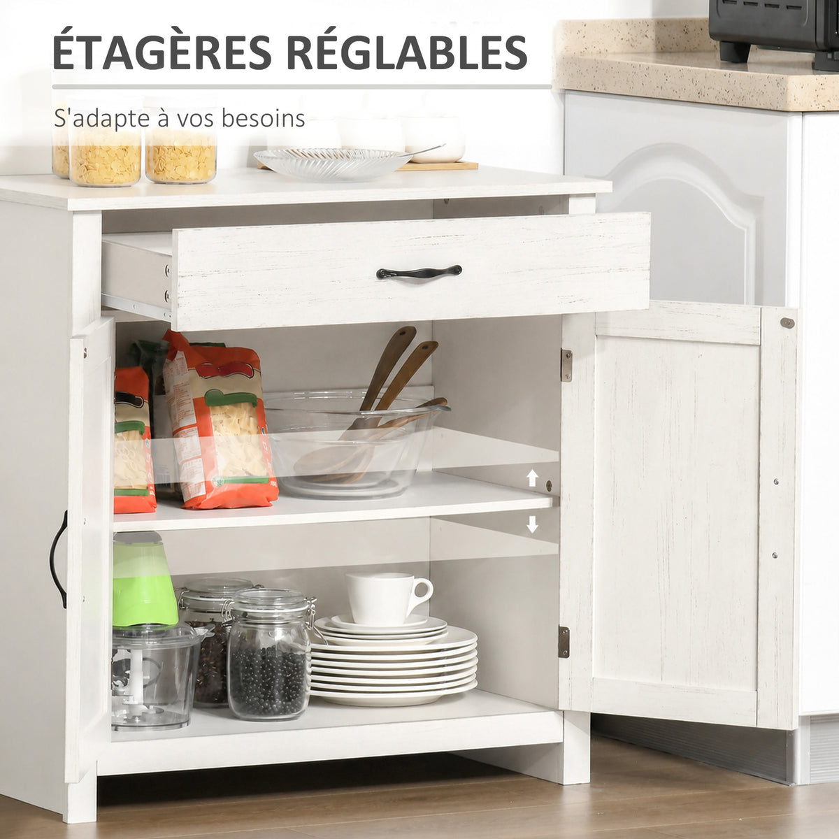Buffet salon, meuble de rangement avec tiroir, 2 portes de grange et étagère réglable, 80 x 39,7 x 80 cm, blanc-4