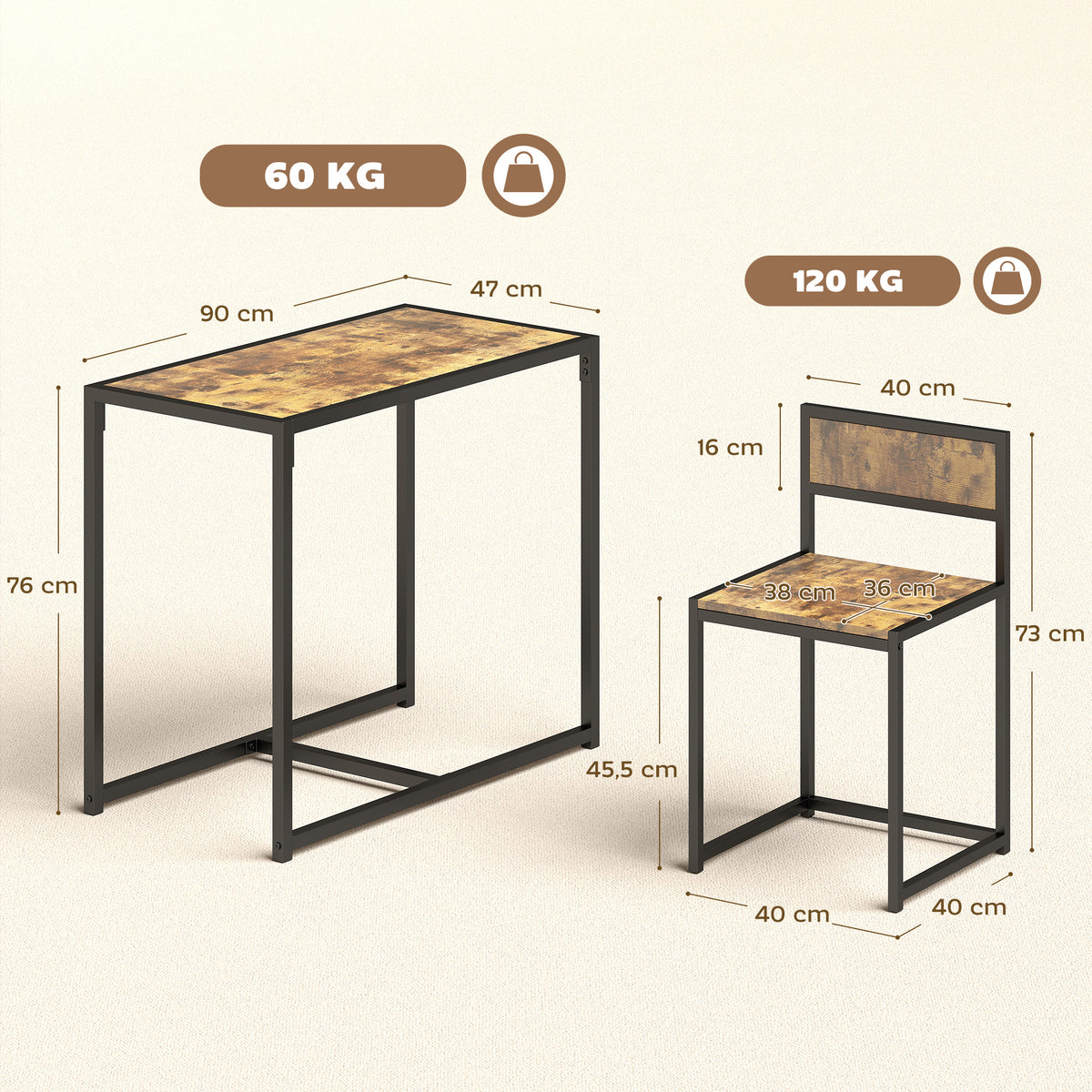 Ensemble table et chaises , table à manger 3 pièces avec 2 chaises encastrables, pour cuisine salon maison, marron-2