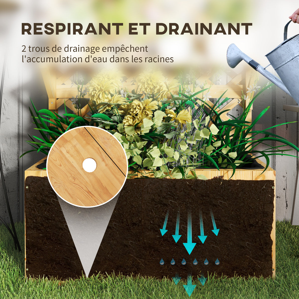 Jardinière avec treillis lit surélevé de jardin en bois avec toit suspendu, trous de drainage et doublure, naturel-4