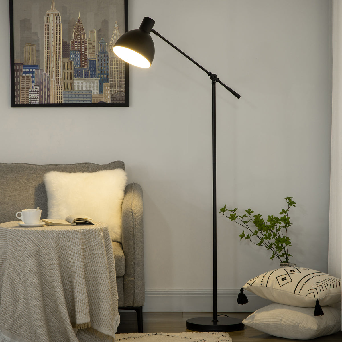 Lampadaire sur pied salon 40 W hauteur réglable, abat-jour et bras orientable, interrupteur à pied, culot E27, noir-1