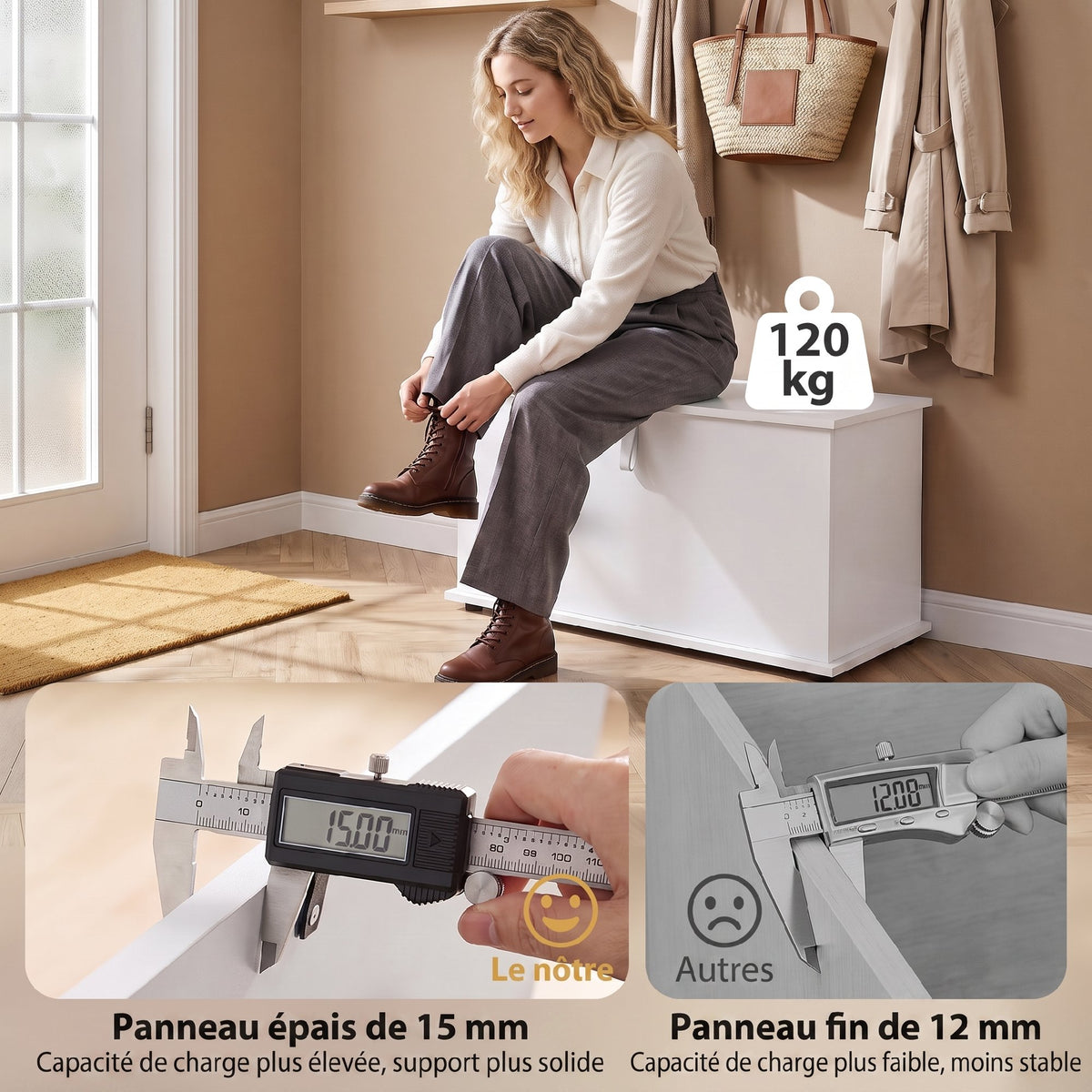 Coffre de Rangement, Banc de Rangement avec Couvercle Rabattable et Charnières de Sécurité, 80 x 40 x 45 cm, Blanc-5
