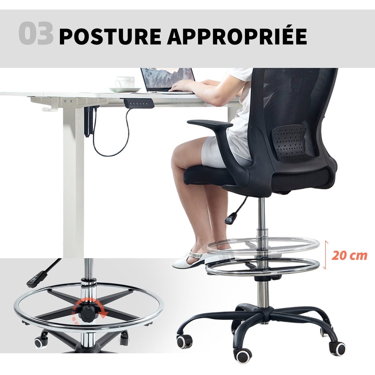 Chaise bureau ergonomique avec repose-pieds ajustable et accoudoirs relevables, hauteur réglable, 59x62x99-119cm, noir-5