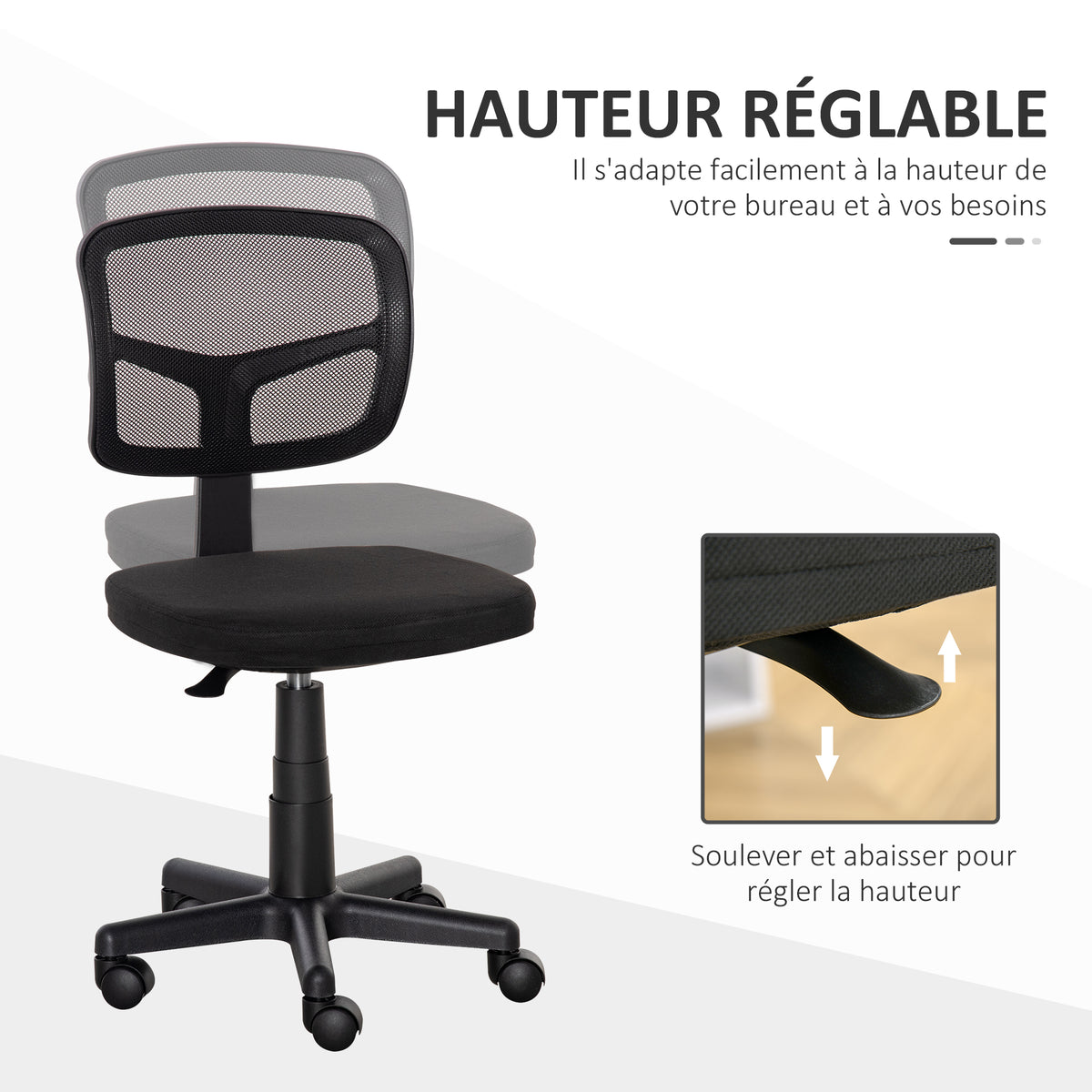 Chaise de bureau sans accoudoirs, fauteuil de bureau en maille, hauteur réglable, assise rembourré, pivotant 360°, noir-3