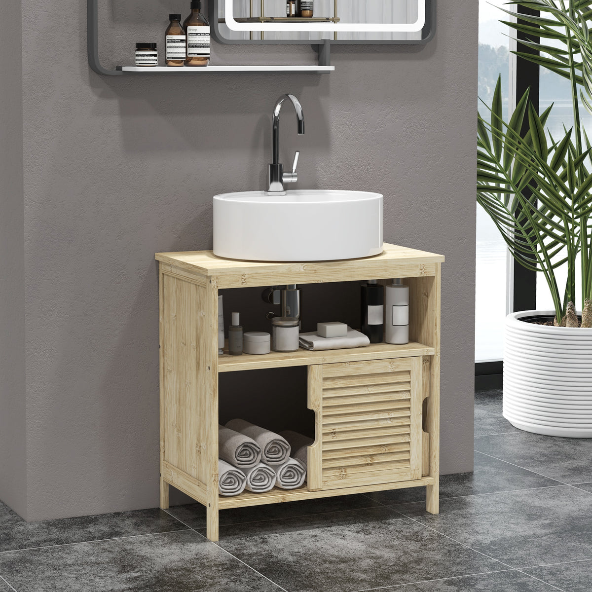 Meuble sous lavabo en Bambou, Meuble de Rangement pour Salle de Bain avec 2 Portes, 60 x 30 x 60 cm, Bois Naturel-1